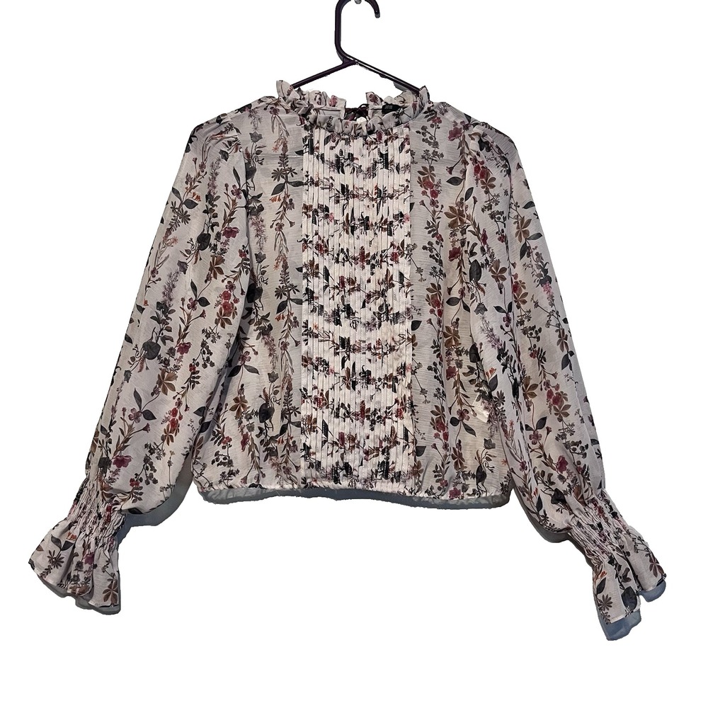 Zara Basic Floral Blouse Womens Cream Pleated Bib Smocked Cuff XS